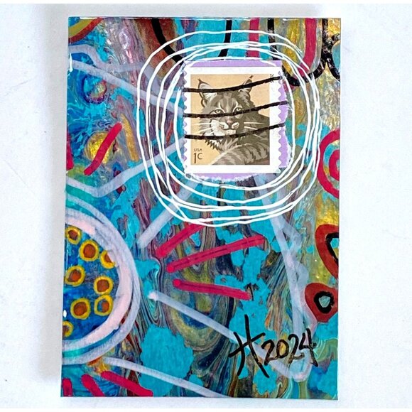 ACEO Original Mixed Media Art 2015 Bobcat US Postage Stamp ATC - Picture 1 of 3